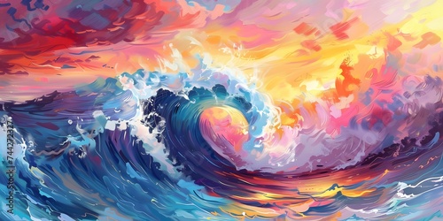 Colorful Ocean Wave. Sea water in crest shape. Sunset light and on background. photo