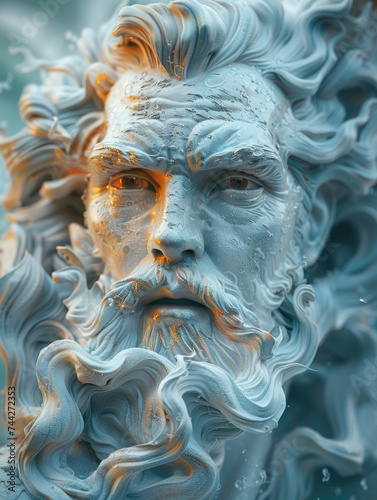 Detailed view of a statue depicting Poseidon, the Greek god of the sea, featuring a prominent beard.