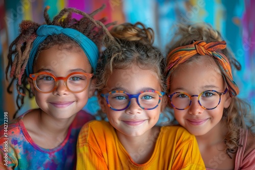 A beaming group of young girls with stylish glasses adorn their faces  radiating happiness and fashion-forward confidence indoors