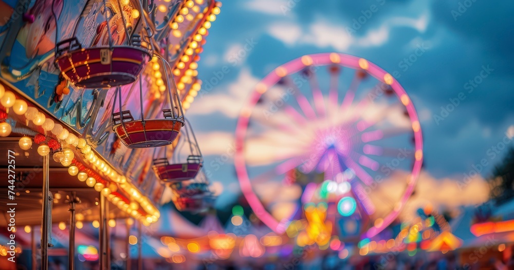 Fototapeta premium The Lively Atmosphere of a Colorful Summer Carnival as Evening Falls