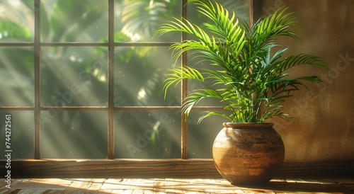 Through the window, a potted houseplant thrives in its flowerpot, rooted and content as an indoor tree in a vase