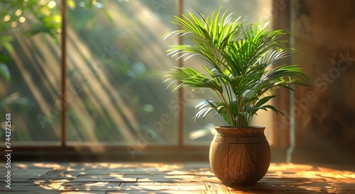 A vibrant houseplant stands tall in a flowerpot, basking in the sunlight streaming through the window, bringing life and tranquility to the indoor space