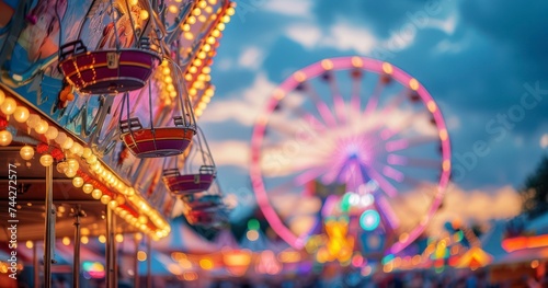 The Lively Atmosphere of a Colorful Summer Carnival as Evening Falls