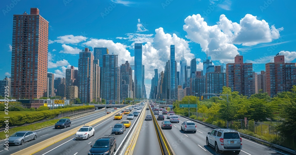 The Bustling Roads of the City with Cars and Towering Buildings on a Sunlit Day
