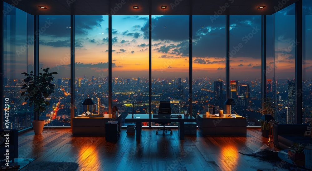 As the clouds drift across the sky, the sunset illuminates the towering skyscrapers, casting a warm glow over the cityscape visible from the large window in the indoor room, offering a stunning outdo