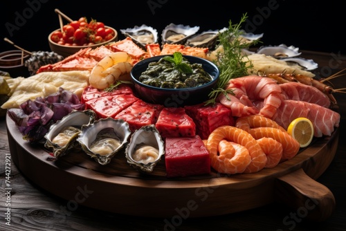 Seafood charcuterie platter with oysters, fish, meat, seaweed and vegetables on wooden serving board