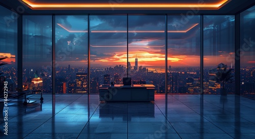 A city's ever-changing landscape, captured through the floor-to-ceiling windows of a high-rise building, where the clouds and skyscrapers merge in a breathtaking display of light and shadow during th