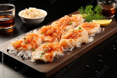 Fresh white fish fillet portions with zesty spicy sauce on rustic wooden serving board