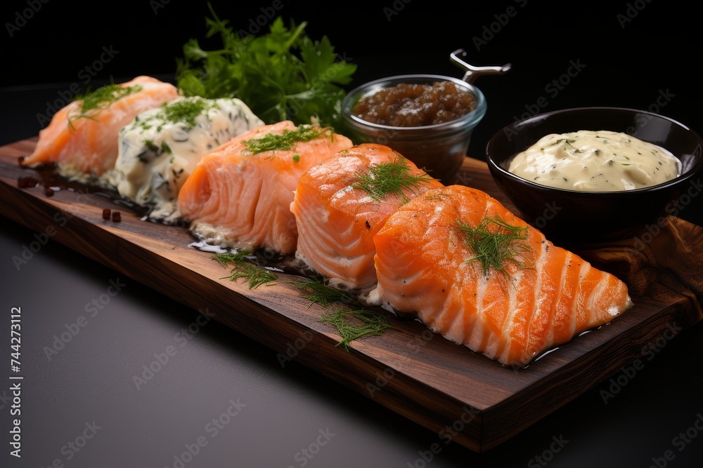 Delicious baked salmon with fresh herbs and creamy cheese sauce on rustic wooden serving board Delicious baked salmon with fresh herbs and creamy cheese sauce on rustic wooden serving board