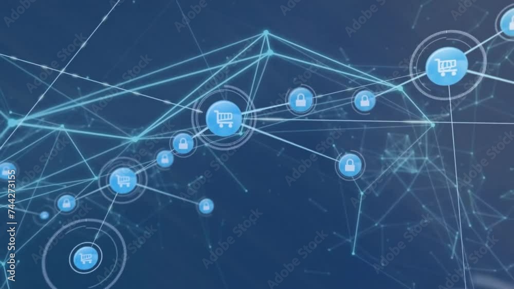 Animation of network of connections with icons on blue background Animation of network of connections with icons on blue background