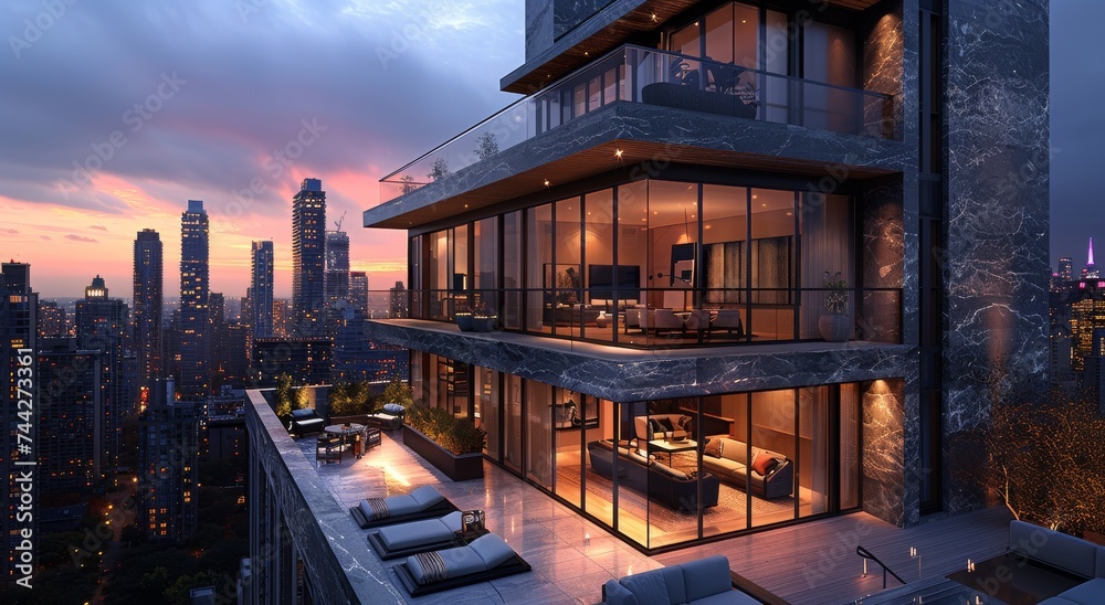 Fototapeta premium As the sun sets over the metropolis, a towering skyscraper with a stunning balcony stands tall, overlooking the bustling cityscape and offering a breathtaking view of the endless sky