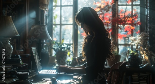 A focused woman harnesses the natural light from a nearby window as she works indoors, typing away on her laptop with determination and grace