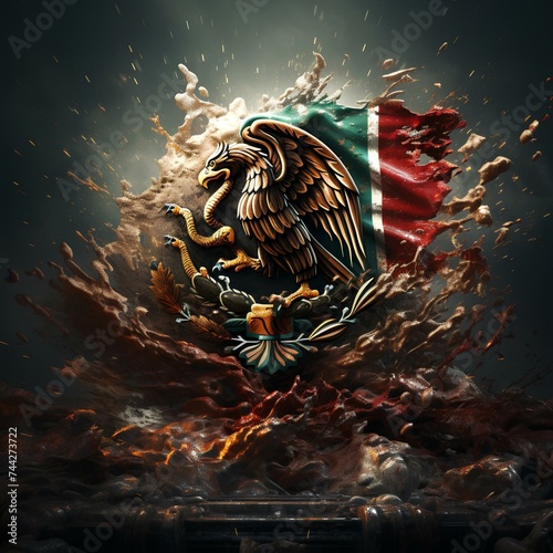 Shield of the flag of Mexico, the Eagle standing on a cactus eating a snake