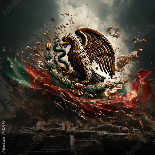 Shield of the flag of Mexico, the Eagle standing on a cactus eating a snake © Peludis