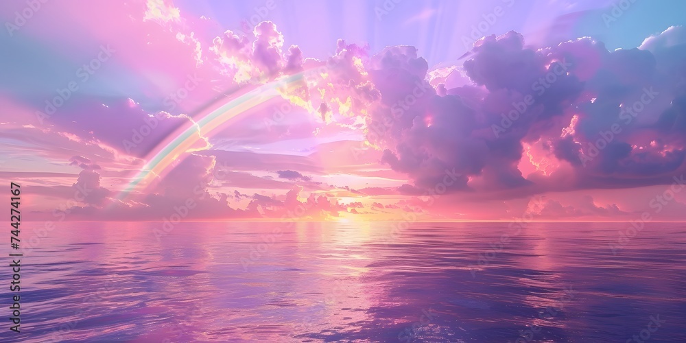 Dramatic sea sunset, Glowing purple clouds and rainbow. Beautiful reflection of light and clouds on the surface of the sea. Fantasy landscape, seascape background. 