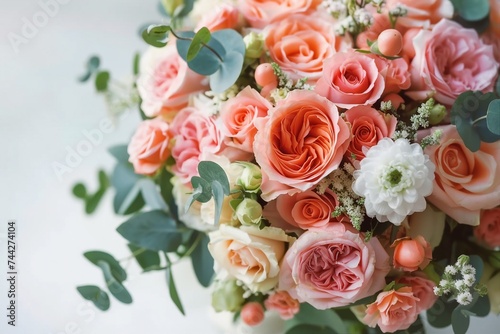 Wedding flowers, bridal bouquet closeup. Decoration made of roses, peonies and decorative plants, close-up, selective focus, nobody, objects. generative ai. © SEUNGJIN