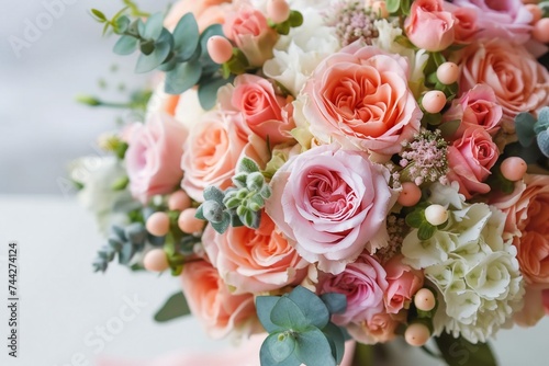 Wedding flowers, bridal bouquet closeup. Decoration made of roses, peonies and decorative plants, close-up, selective focus, nobody, objects. generative ai.