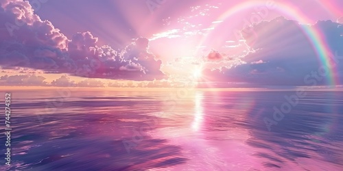 Dramatic sea sunset  Glowing purple clouds and rainbow. Beautiful reflection of light and clouds on the surface of the sea. Fantasy landscape  seascape background. 