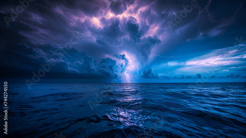 The ocean's fury is captured under a tempestuous sky with lightning bolts illuminating the horizon at sunset creating a powerful natural spectacle 