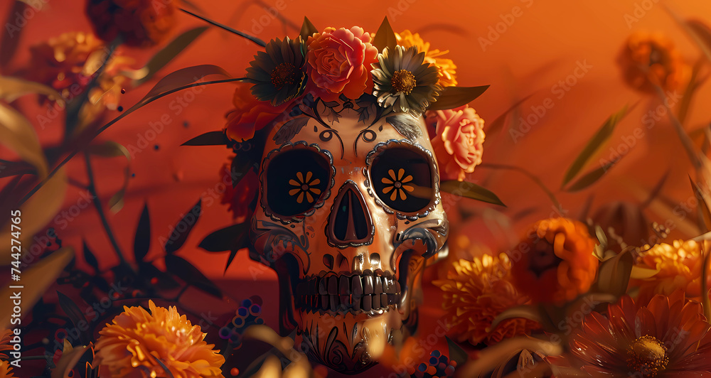 Naklejka premium Mexican skulls in the style of San Miguel de Allende, Mexico, Day of the Dead holiday concept. Cover for banner, brochure, flyer. Hyper-realistic photo. Skulls, flowers, candles. 