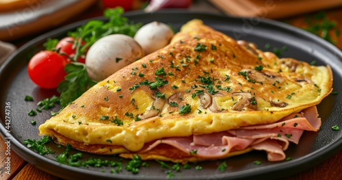 A Homestyle Omelet Brimming with Mushrooms, Ham, and Cheese