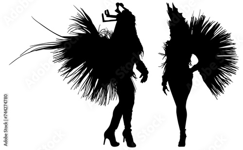 samba, baile, brasil, danza, carnaval, silueta, color, vector, pegatina, plumas, traje,  ilustracion, angel, diablo