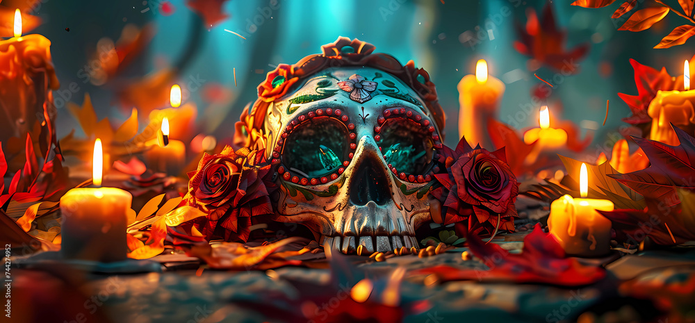 Obraz premium Mexican skulls in the style of San Miguel de Allende, Mexico, Day of the Dead holiday concept. Cover for banner, brochure, flyer. Hyper-realistic photo. Skulls, flowers, candles. 