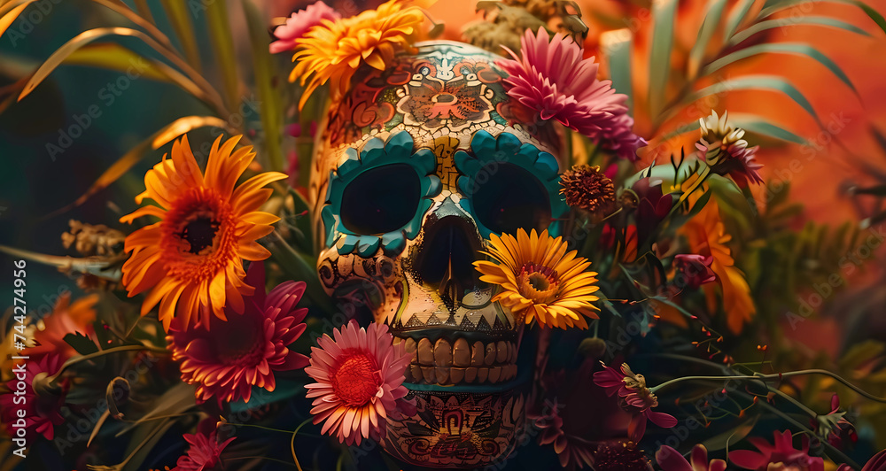 Fototapeta premium Mexican skulls in the style of San Miguel de Allende, Mexico, Day of the Dead holiday concept. Cover for banner, brochure, flyer. Hyper-realistic photo. Skulls, flowers, candles. 