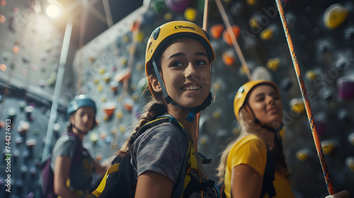 A group of friends are climbing together at an indoor climbing gym. The friends wearing harnesses and helmets, and they using various climbing gear. The climbing gym large, by the lights of the gym.