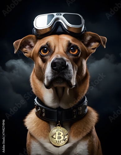 An attentive dog adorned with goggles and a gleaming Bitcoin medallion gazes upward, symbolizing the curiosity and engagement of pets in the digital era. © video rost