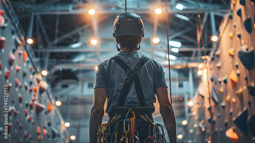 A young man is climbing a challenging route on an indoor climbing wall. The man wearing a harness and a helmet, and he using various climbing gear. it in a recreation center. photo