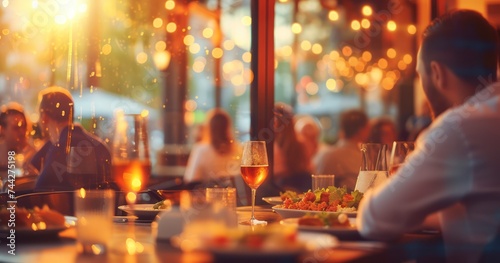 Capturing the Buzz of a Crowded Restaurant Party on a Blurred Background