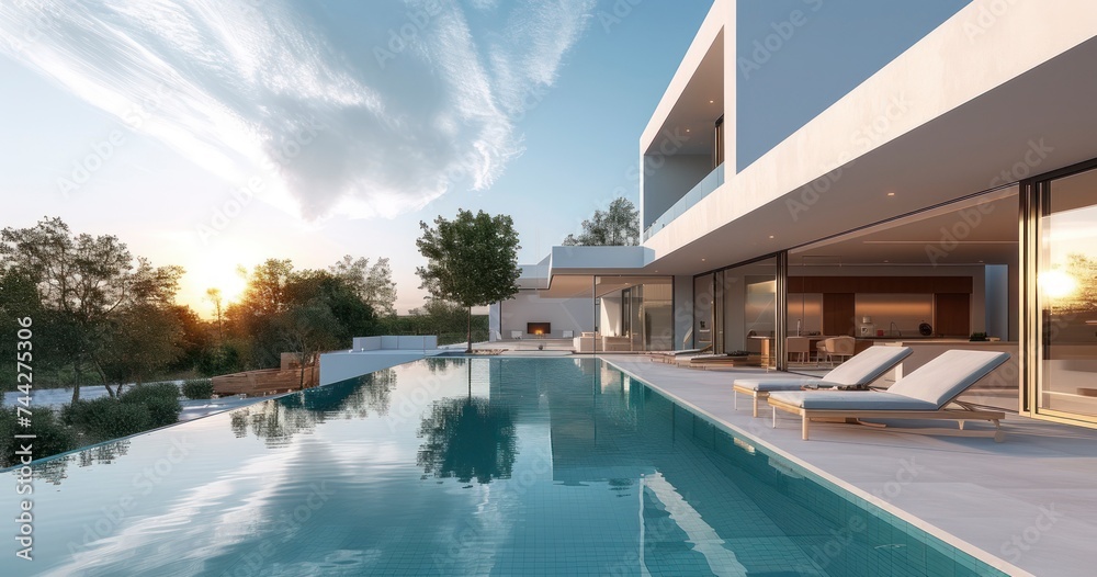A Contemporary Home with Sleek White Walls, Blue Pool, and Tranquil Sky View A Contemporary Home with Sleek White Walls, Blue Pool, and Tranquil Sky View