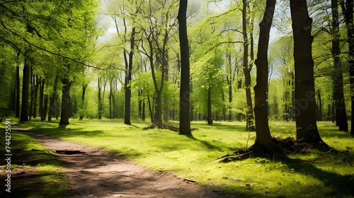 Quiet lush forest that greened in spring