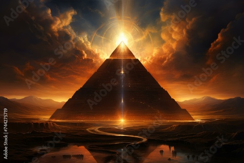 Pyramid radiating energy. Futuristic light. Generate Ai
