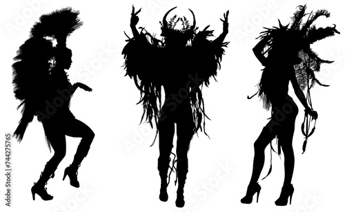 samba, baile, brasil, danza, carnaval, silueta, color, vector, pegatina, plumas, traje, ilustracion, angel, diablo