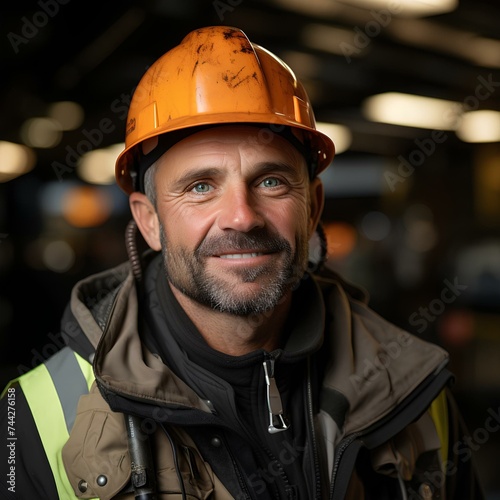 Labor day concept, Hardworking Mexican Latino man wears a helmet and safety vest © Peludis