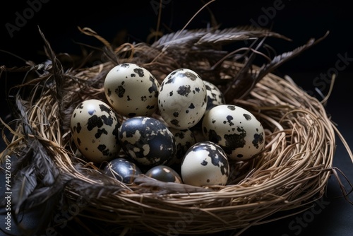 Quail eggs nest. Multicolored small and round objects with spots table. Generate AI