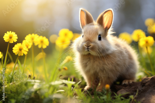 A small, fluffy bunny sits among bright yellow flowers in the sunlight, giving a serene and adorable scene with its soft gaze.