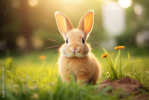 A golden bunny sits in lush grass with sunlight casting a soft glow around it, making its fur shine and eyes sparkle amidst nature. © Enigma