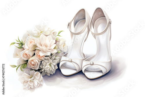 Watercolor bridal shoes and roses on whtie background photo