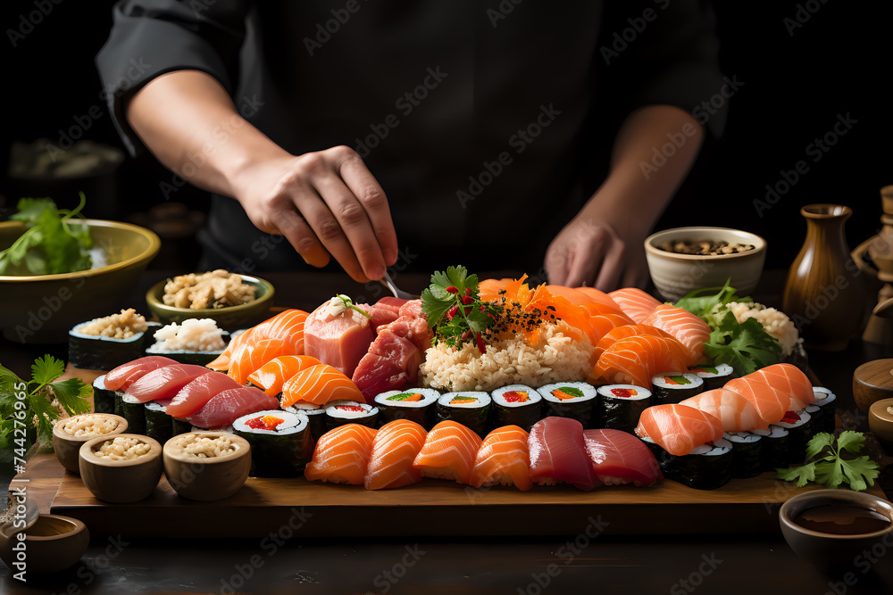 Art of Sushi Creation by Professional Chef.

An expert chef meticulously garnishes a sushi platter, perfect for culinary artistry, Japanese cuisine, and fine dining experiences.