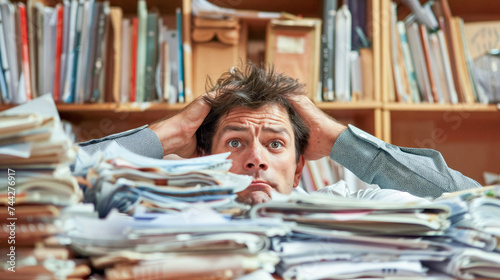 stressed out office worker in pile of paper and file folders photo