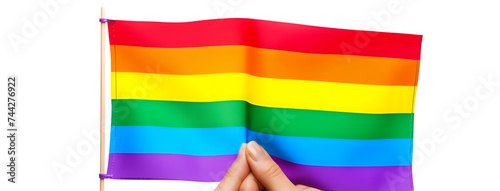 Pride Flag in Hand: Vibrant and uplifting, this image of a hand holding the rainbow pride flag symbolizes diversity and inclusion, ideal for social themes and events.