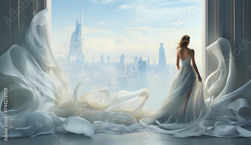 Bridal Elegance Against Cityscape: A serene bride overlooks a city, a perfect scene for wedding, fashion, and romantic concepts.