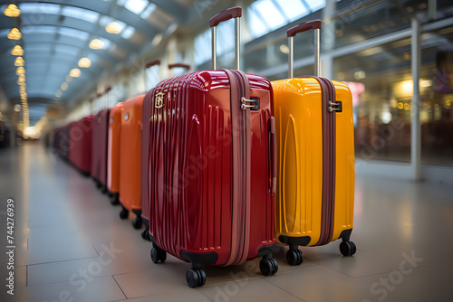 Colorful Luggage Row in Airport Terminal: Bright, inviting image perfect for travel, tourism, and airport services.