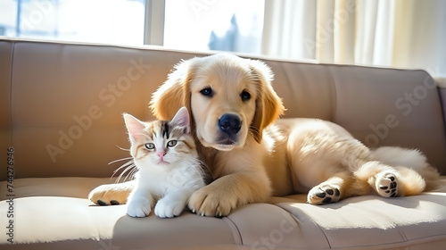 Pet Pals in Sunshine: A golden retriever and a tabby kitten sharing a cozy sofa, a heartwarming image for all animal lovers.