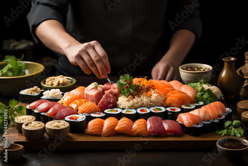 Art of Sushi Creation by Professional Chef.An expert chef meticulously garnishes a sushi platter, perfect for culinary artistry, Japanese cuisine, and fine dining experiences.