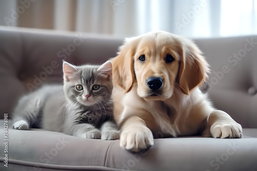 Adorable Cat and Dog Friends on Sofa.A kitten and puppy lounging together, perfect for pet care, animal friendship, and home comfort themes.