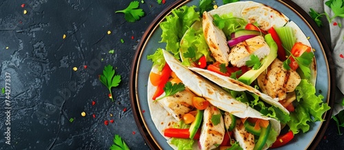A plate filled with delicious chicken tacos topped with fresh lettuce and carrots, served with fresh tortilla wraps.